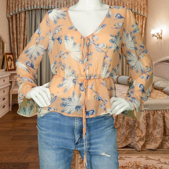 DNA Couture Sheer Feather Print Native Boho Southwestern Top Blouse Shirt M - Picture 1 of 8